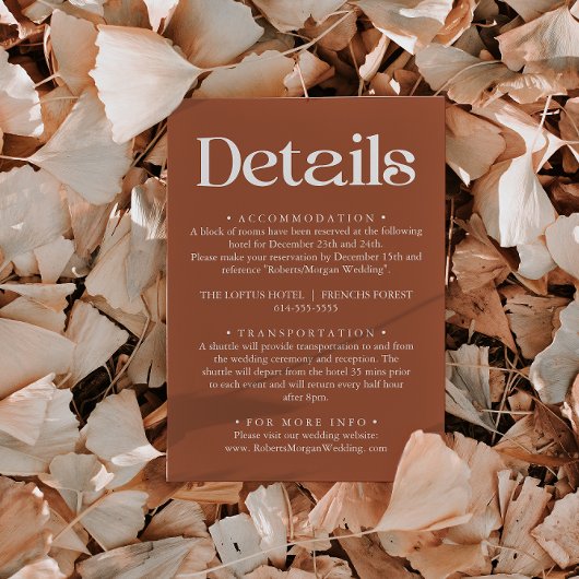 Moderne typografie Terracotta huwelijksdetails Informatiekaartje