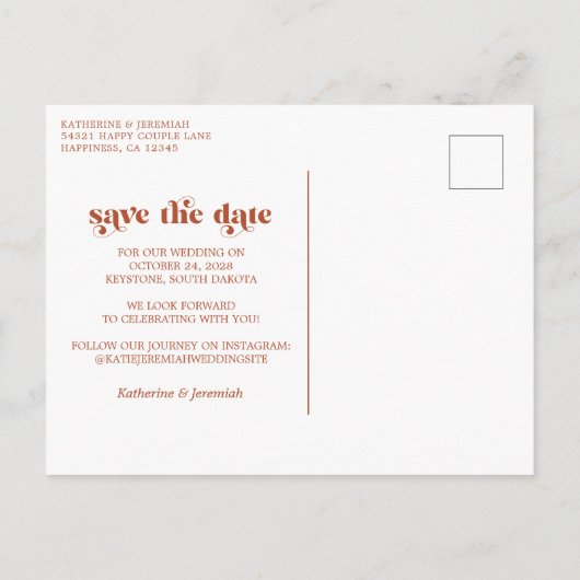 Moderne Typografie Terracotta Photo Save the Date Aankondigingskaart (Achterkant)