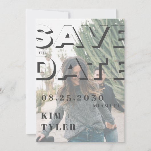 Moderne typografie, transparante foto save the date (Voorkant)