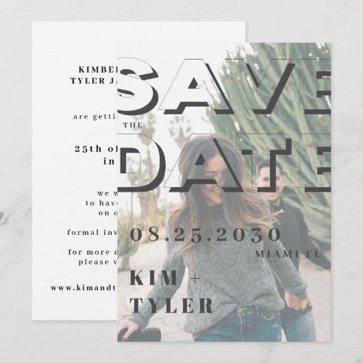 Moderne typografie, transparante foto save the date (Voorkant / Achterkant)
