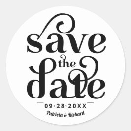 Moderne typografie trouwkaart save the date ronde sticker