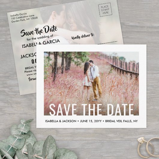 Moderne Typografie Twee Foto Wedding Save the Date Aankondigingskaart