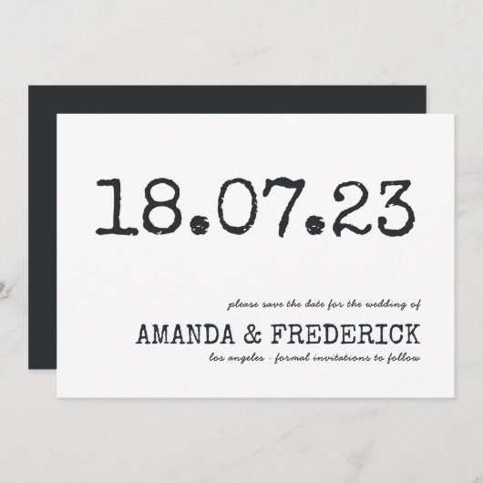 Moderne typografie van schrijfmachine-huwelijk uit save the date (Voorkant / Achterkant)
