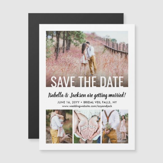 Moderne Typografie Vier Foto Wedding Save the Date Magnetische Uitnodiging (Voorkant / Achterkant)