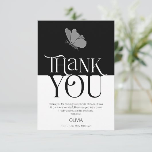 Moderne Typografie Vlinder Bruidsdouche Dank u Kaart (Staand voorkant)