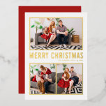 Moderne Typografie voor drie kerst Folie Feestdagenkaart<br><div class="desc">Vrolijk kerstfeest! Stuur kerstcadeautjes naar familie en vrienden met deze aanpasbare gouden kerstkaart. Het bevat eenvoudige typografie en kerstboom. De teksten zijn volledig klantgericht voor om het even welke groeten. Deze moderne kerstkaart is ook verkrijgbaar in andere kleuren.</div>