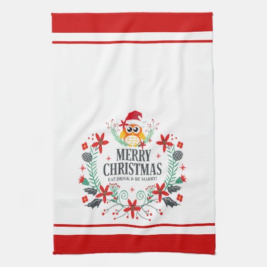 Moderne Typografie Vrolijke Kerstmis Uil Theedoek (Verticaal)