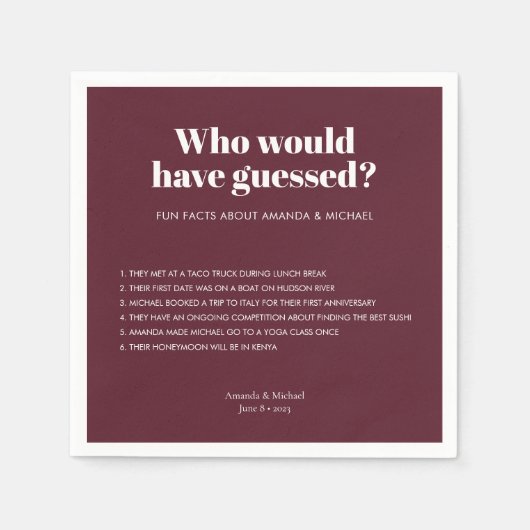 Moderne Typografie Wijn Rood Bruiloft Leuke Feiten Servet (Voorkant)