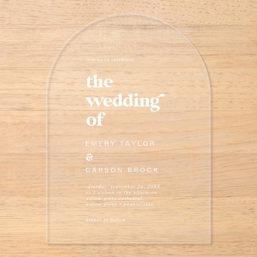 Moderne Typografie Witte Boho  Retro Huwelijk Acryl Uitnodigingen (Voorkant)