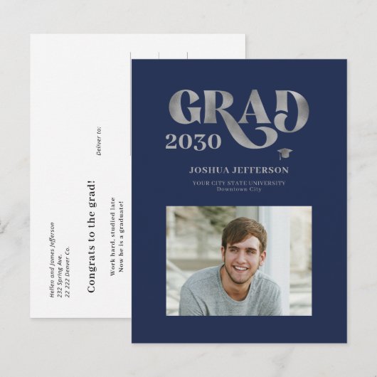 Moderne typografie zilveren glitter-afstuderen aankondigingskaart (Voorkant / Achterkant)