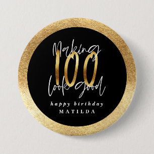 Moderne typografie zwart en goud 100e verjaardag ronde button 7,6 cm