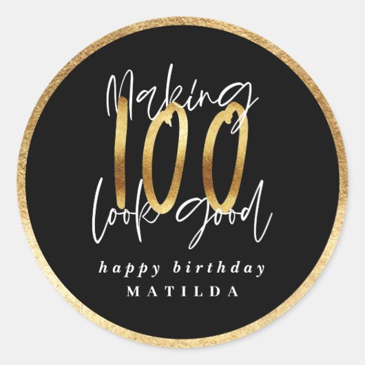 Moderne typografie zwart en goud 100e verjaardag ronde sticker (Voorkant)
