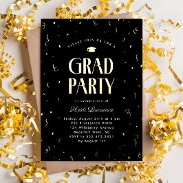 Moderne Typografie Zwart en Goud Graduation Party Folie Uitnodiging