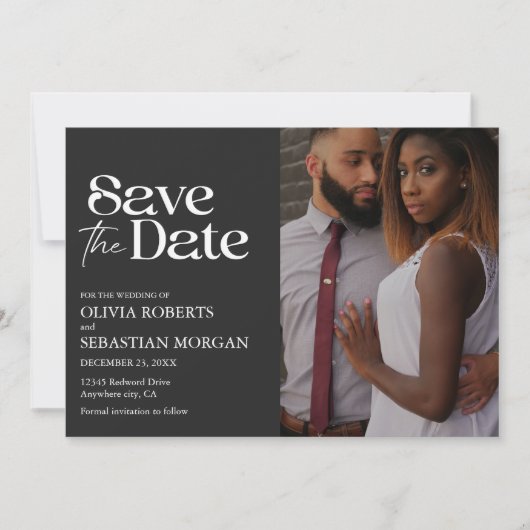 Moderne Typografie Zwart Foto Bruiloft Save The Date (Voorkant)