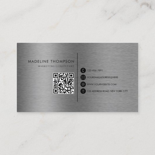 Moderne Typografie Zwart Metallic Staal QR Code Visitekaartje (Achterkant)