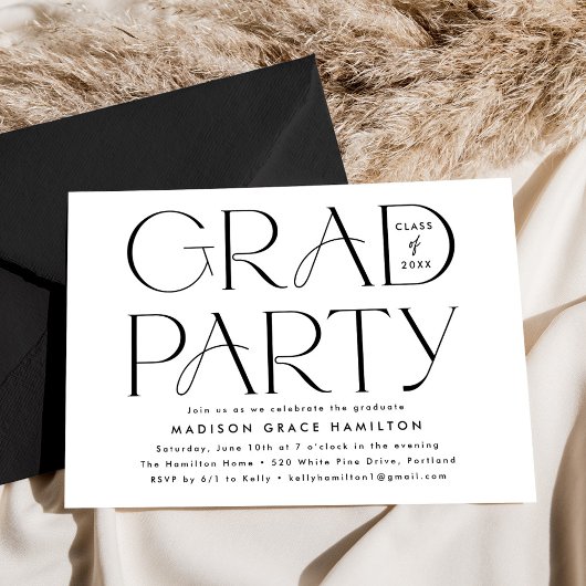 Moderne typografie zwart-wit afstudeerfeest kaart
