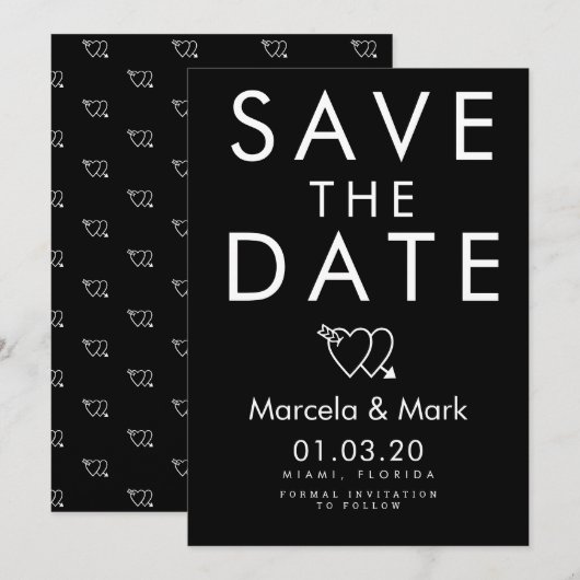 Moderne typografie Zwart Wit Hart Save The Dates Kaart (Voorkant / Achterkant)