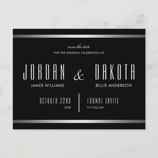 Moderne typografie | Zwart & Zilver Bewaar de datu Aankondigingskaart (Voorkant)