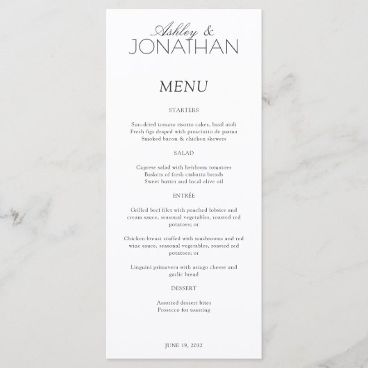 Moderne typografisch-centric bruiloft receptie menu (Voorkant)