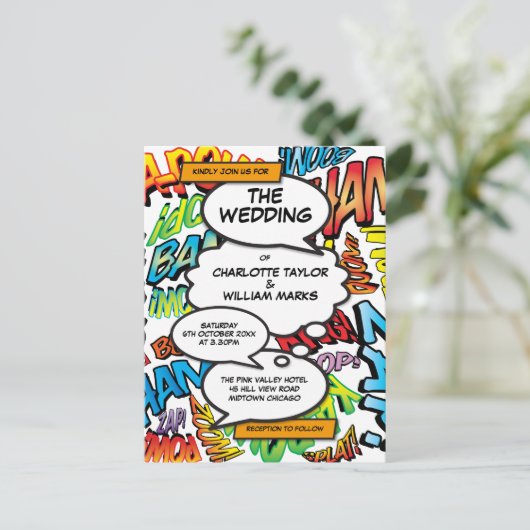 Moderne Typografische Comic Bruiloft Uitnodiging Briefkaart (Staand voorkant)
