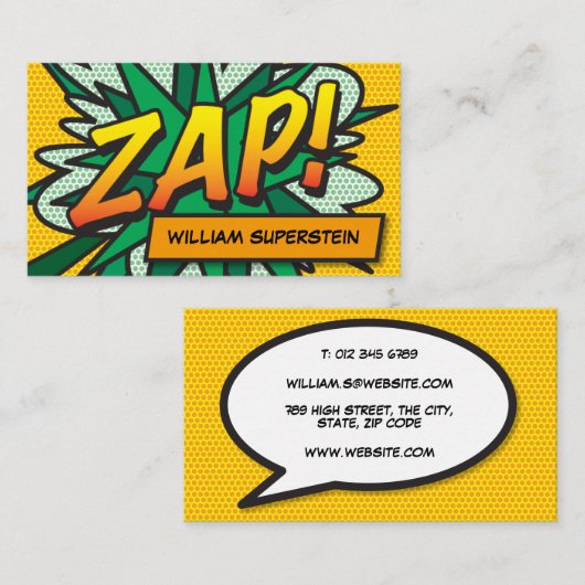 Moderne Typografische Fun Comic Book ZAP Visitekaartje (Voorkant / Achterkant)