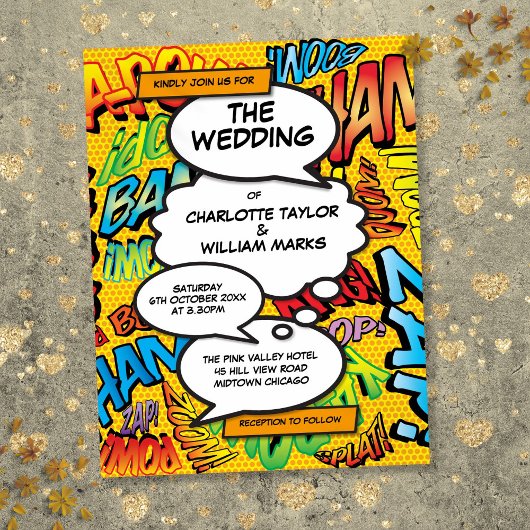 Moderne Typografische Ontwerper Pret Comic Bruilof Uitnodiging Briefkaart