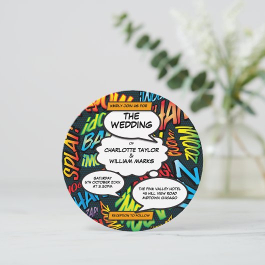 Moderne Typografische Pret Comic Strip Bruiloft Kaart (Staand voorkant)