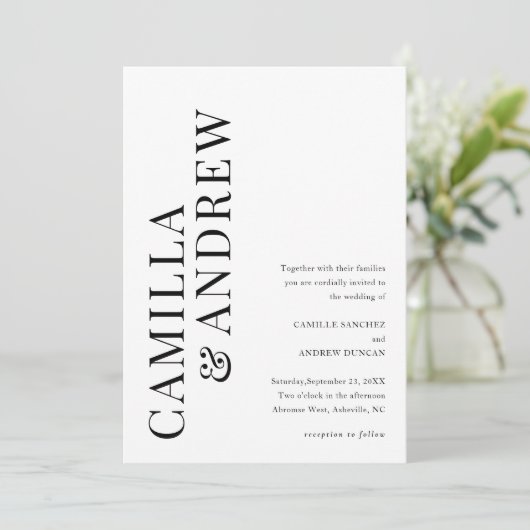 Moderne Typografische Zwart-Wit QR code Bruiloft Kaart (Staand voorkant)