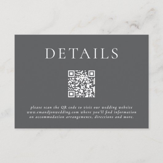 Moderne Typorgrafie QR Code Trouwdetails Grijs Informatiekaartje (Voorkant)