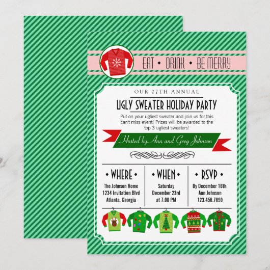 Moderne Ugly Sweater Holiday Party Kaart (Voorkant / Achterkant)