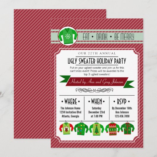 Moderne Ugly Sweater Holiday Party Kaart (Voorkant / Achterkant)