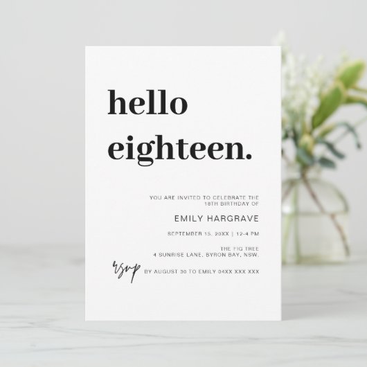 Moderne uitnodiging Hallo Achttiende verjaardag (Staand voorkant)