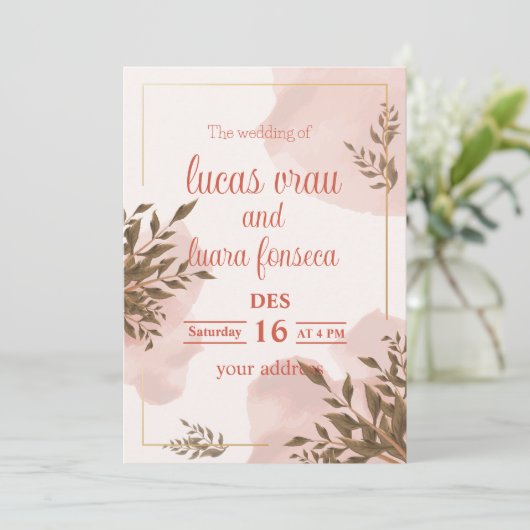 Moderne uitnodiging in een elegant wit en roze (Staand voorkant)