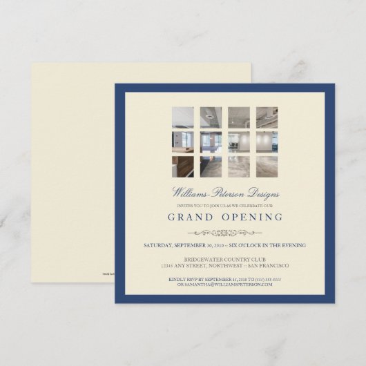 Moderne uitnodiging tot grote opening foto (blauw) (Voorkant / Achterkant)