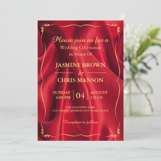 Moderne uitnodiging tot rode en gouden bruiloft (Staand voorkant)