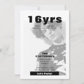 Moderne uitnodiging voor 16e verjaardag Zwart Wit (Voorkant)