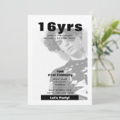 Moderne uitnodiging voor 16e verjaardag Zwart Wit (Staand voorkant)