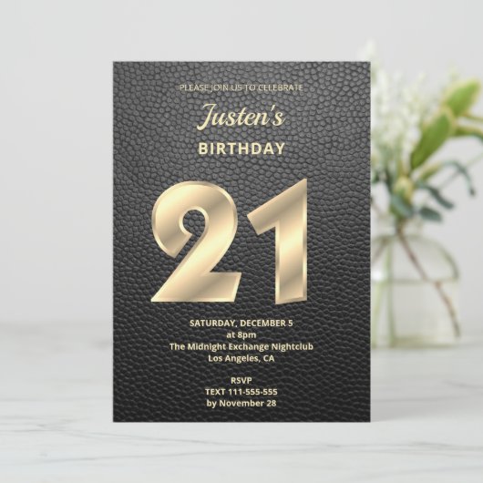Moderne uitnodiging voor 21e verjaardag met leder (Staand voorkant)