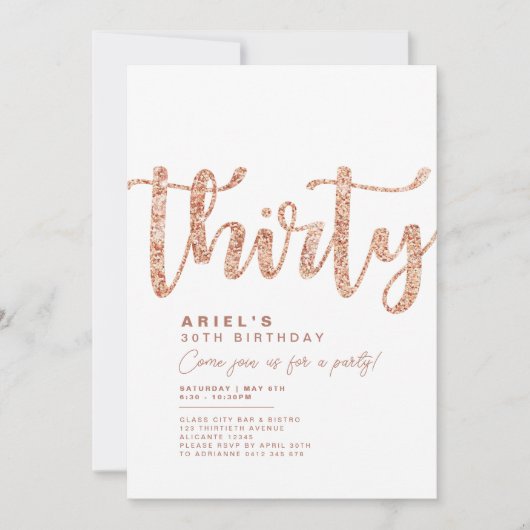 Moderne uitnodiging voor 30e verjaardag in wit en  (Voorkant)