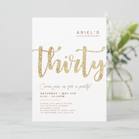 Moderne uitnodiging voor 30e verjaardag in wit en  (Staand voorkant)