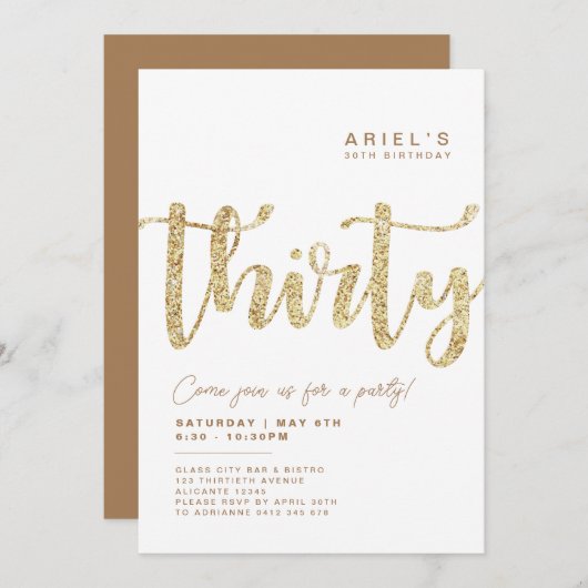 Moderne uitnodiging voor 30e verjaardag in wit en  (Voorkant / Achterkant)