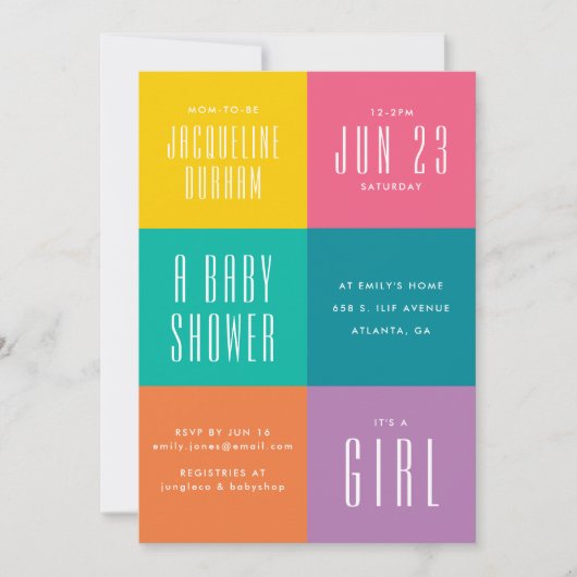 Moderne uitnodiging voor Baby shower in kleurenblo (Voorkant)