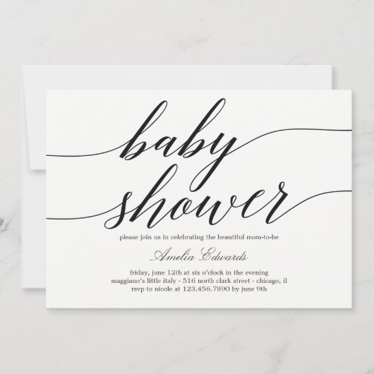 Moderne uitnodiging voor baby shower in scriptstij (Voorkant)