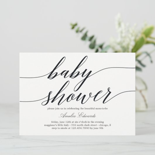 Moderne uitnodiging voor baby shower in scriptstij (Staand voorkant)