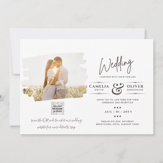 Moderne uitnodiging voor bruiloft via witte en zwa (Voorkant)