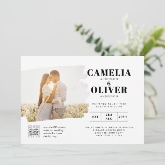 Moderne uitnodiging voor bruiloft via witte en zwa (Staand voorkant)