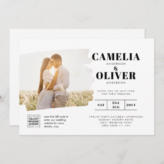 Moderne uitnodiging voor bruiloft via witte en zwa (Voorkant / Achterkant)