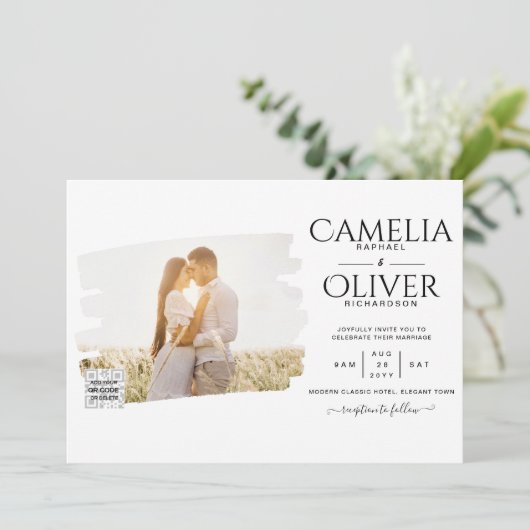 Moderne uitnodiging voor bruiloft via witte en zwa (Staand voorkant)