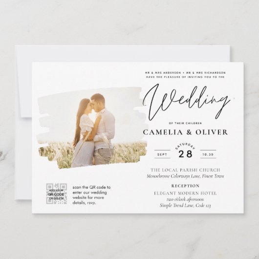 Moderne uitnodiging voor bruiloft via witte en zwa (Voorkant)