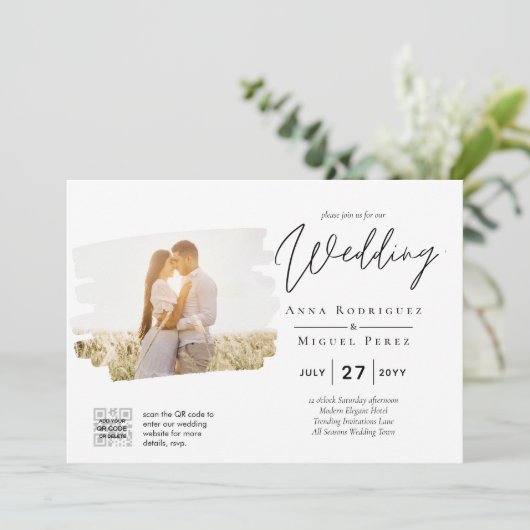 Moderne uitnodiging voor bruiloft via witte en zwa (Staand voorkant)